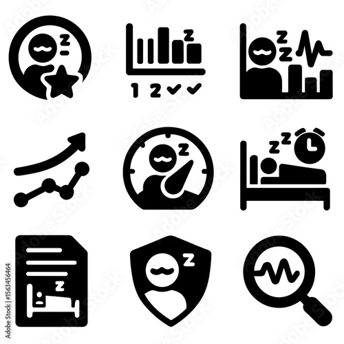 Sleep Analytics Icons. Solid style icons of adult sleep analytics: average score icon, consistency tracker, sleep stage chart,