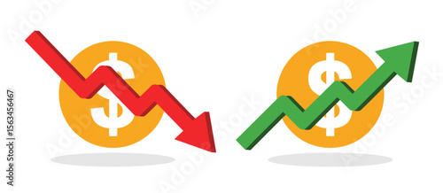 Financial trend: Arrow chart showing economic growth and decline over currency