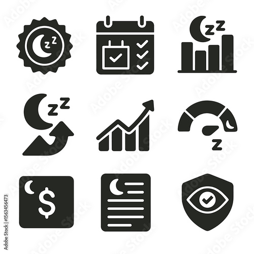 Sleep Analytics Icons. Solid style icons of adult sleep analytics: average score icon, consistency tracker, sleep stage chart,