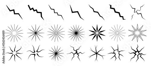 Set of black crack vectors, rupture, starburst, star, damage, split, broken, radial, burst