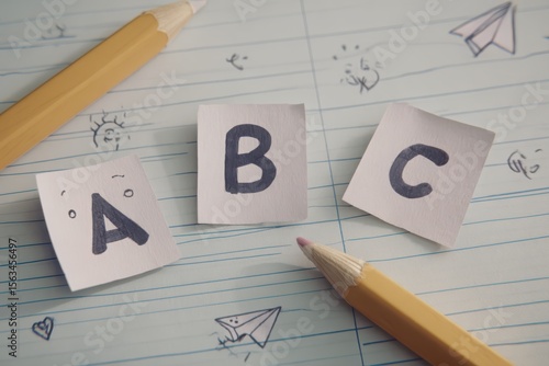 Lined notebook paper background with soft hand-drawn animation of doodles - heart, paper plane, ABC, smiling face - monochrome blue ink, school theme, handwriting