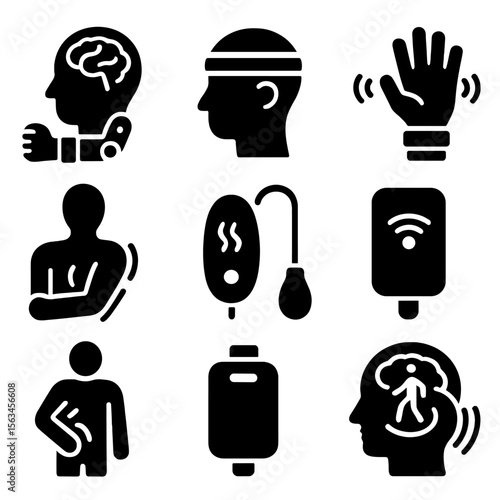 Neurological Rehab Devices Icons. Solid style icons of neurological rehab devices: brain-controlled arm brace, neurofeedback