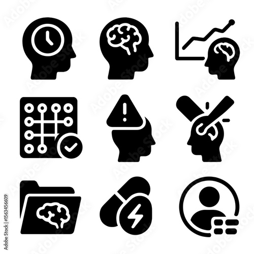 Memory Icons Collection. Solid style icons of memory analysis and boosting: short-term memory tracker, long-term encoding icon,