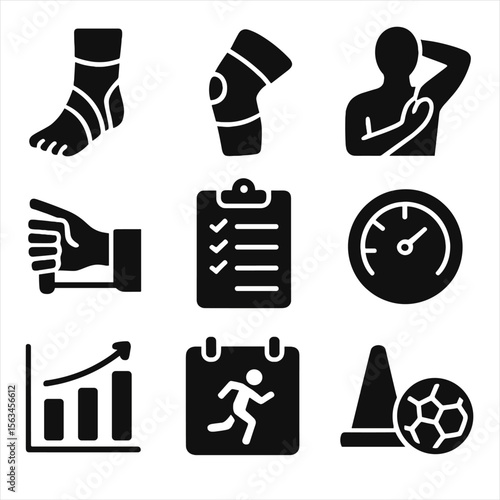 Rehab Tools Icons. Solid style icons of sports injury rehab tools: ankle brace icon, knee recovery band, shoulder mobility icon,