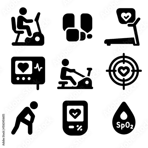 Cardio Machine Icons. Solid style icons of cardio-rehab machines: seated cycle trainer, compact stepper icon, arm ergometer, heart