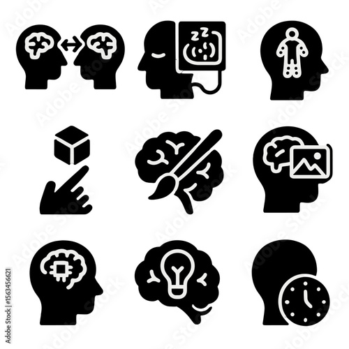 Futuristic Application Icons. Solid style icons of experimental future applications: brain-to-brain interface, simulated dream