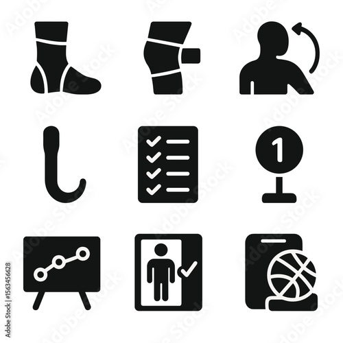 Rehab Tools Icons. Solid style icons of sports injury rehab tools: ankle brace icon, knee recovery band, shoulder mobility icon,