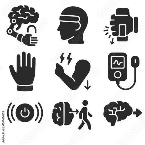 Neurological Rehab Devices Icons. Solid style icons of neurological rehab devices: brain-controlled arm brace, neurofeedback