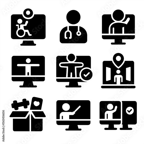Tele-Rehabilitation Icons. Solid style icons of tele-rehabilitation support: webcam rehab session, remote therapist icon,