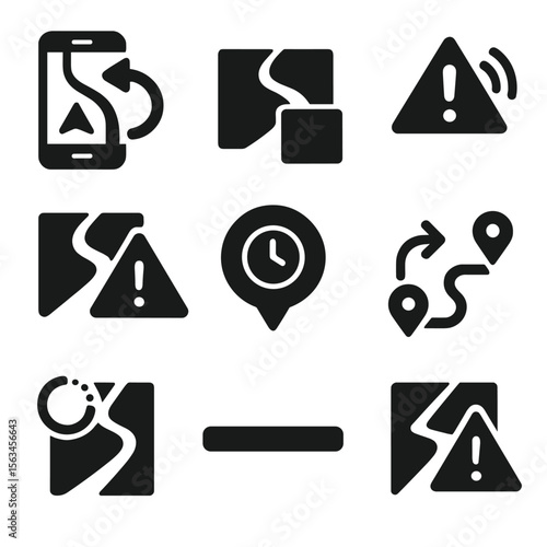 Real-Time Navigation Icons. Solid style icons of real-time guidance updates: dynamic route change alert, roadblock overlay icon,