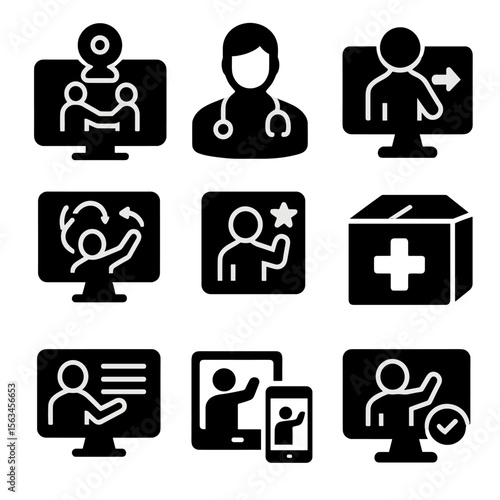 Tele-Rehabilitation Icons. Solid style icons of tele-rehabilitation support: webcam rehab session, remote therapist icon,