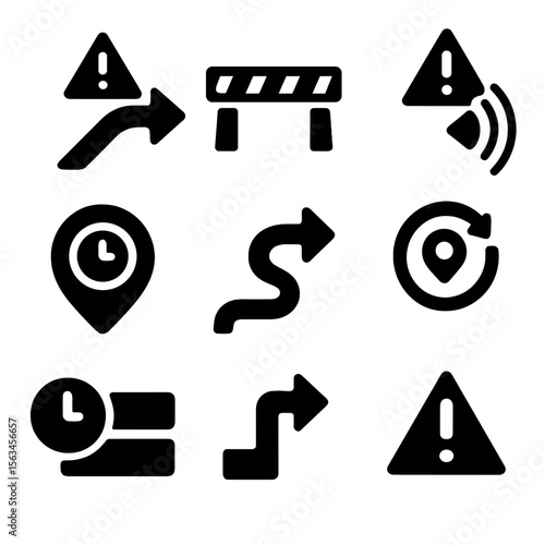 Real-Time Navigation Icons. Solid style icons of real-time guidance updates: dynamic route change alert, roadblock overlay icon,