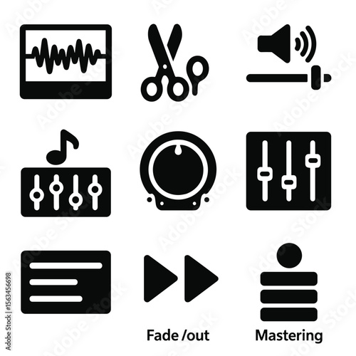 Audio Editing Icons. Solid style icons of voice editing tools: audio waveform editor, cut and trim icon, noise reduction slider,