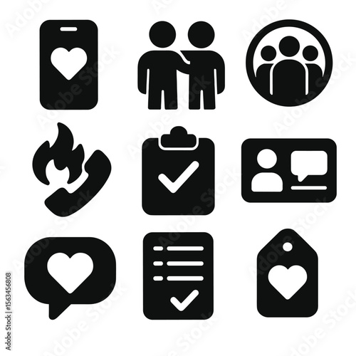 Digital Wellbeing Icons. Solid style icons of digital wellbeing support systems: supportive app icon, accountability buddy badge,