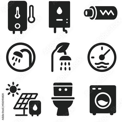 Water Efficiency Icons. Solid style icons of water-heating efficiency: low temp boiler setting, tankless water heater icon,