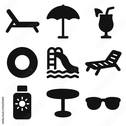 Poolside Essentials Icons. Solid vector icons of poolside accessories: lounge chair, pool umbrella, poolside drink, inflatable