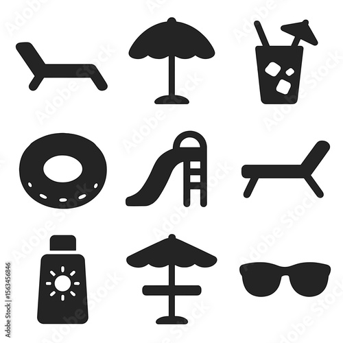 Poolside Essentials Icons. Solid vector icons of poolside accessories: lounge chair, pool umbrella, poolside drink, inflatable