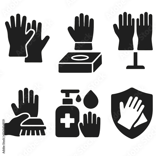 Cleaning Gloves Icons. Solid vector icons of cleaning gloves and protection: rubber gloves, disposable gloves box, heavy-duty