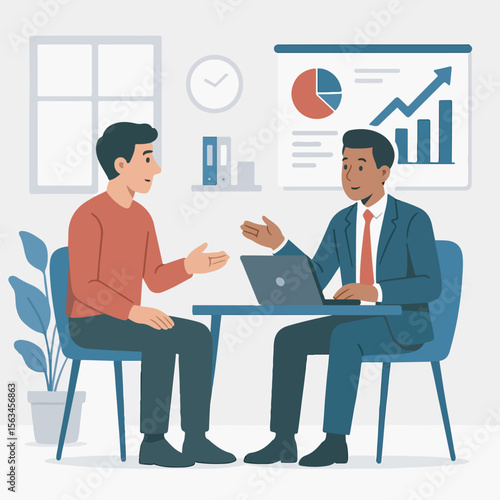 Diverse business people meet, working collaboratively at an office desk with laptops and computers, communicating for success