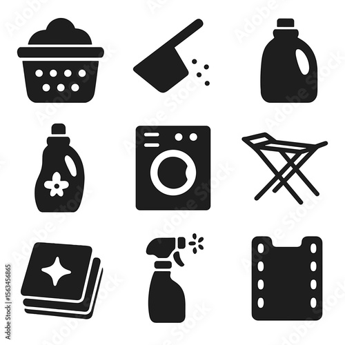 Laundry Tool Icons. Solid vector icons of laundry cleaning tools: laundry basket, washing powder scoop, detergent bottle, fabric