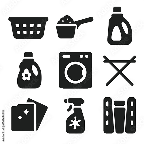 Laundry Tool Icons. Solid vector icons of laundry cleaning tools: laundry basket, washing powder scoop, detergent bottle, fabric