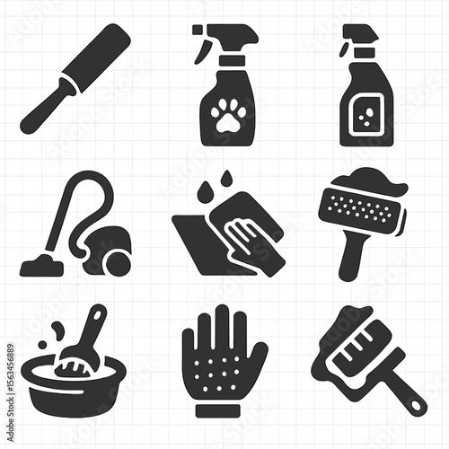 Pet Cleaning Tool Icons. Solid vector icons of pet cleaning tools: pet hair roller, odor neutralizer spray, stain remover for