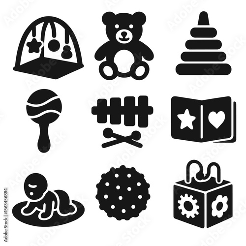 Playtime Essentials Icons. Solid vector icons of playtime essentials: baby gym, plush toy, stacking rings, rattle, musical toy,
