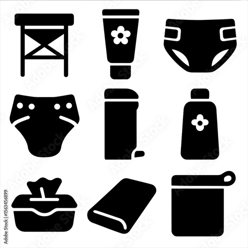 Diaper Essentials Icons. Solid vector icons of diapering essentials: changing table, diaper rash cream, disposable diaper, cloth