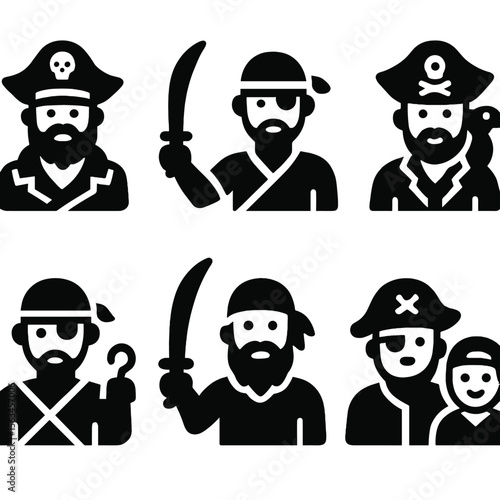 Pirate Icon Set. Solid vector icons of pirate characters and roles: pirate captain, swashbuckler, one-eyed pirate, pirate with