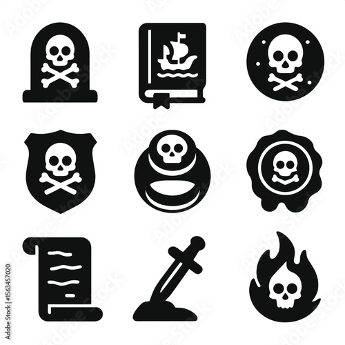 Pirate Icon Collection. Solid vector icons of pirate legacy and symbols: pirate tombstone, ship logbook, ancient coin, pirate