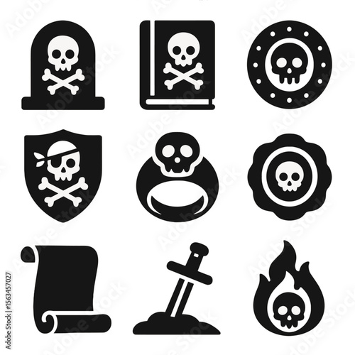 Pirate Icon Collection. Solid vector icons of pirate legacy and symbols: pirate tombstone, ship logbook, ancient coin, pirate