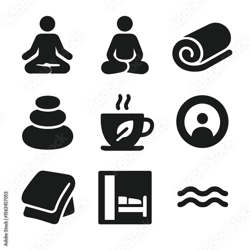 Wellness and Relaxation Icons. Solid vector icons of wellness and relaxation: lotus pose, person meditating, soft towel roll, zen