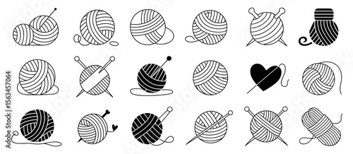 Collection of yarn balls with needles for knitting hobby and craft projects