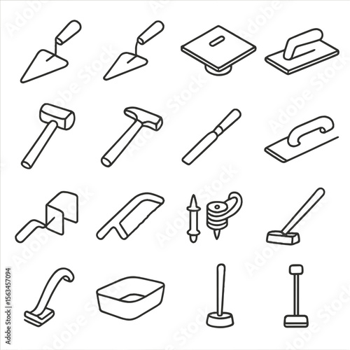 Masonry Tools Icons. Line style icons of masonry tools: brick trowel, pointing trowel, mortar board, hawk, block hammer, brick