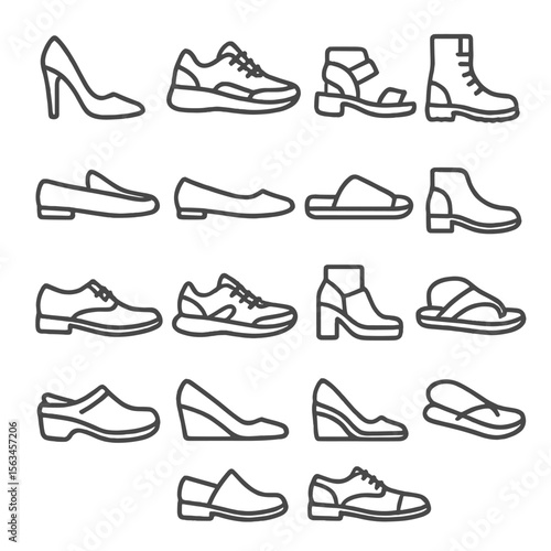 Footwear Line Icons. Line style icons of shoes and footwear: high heels, sneakers, sandals, boots, loafers, flats, slippers, ankle