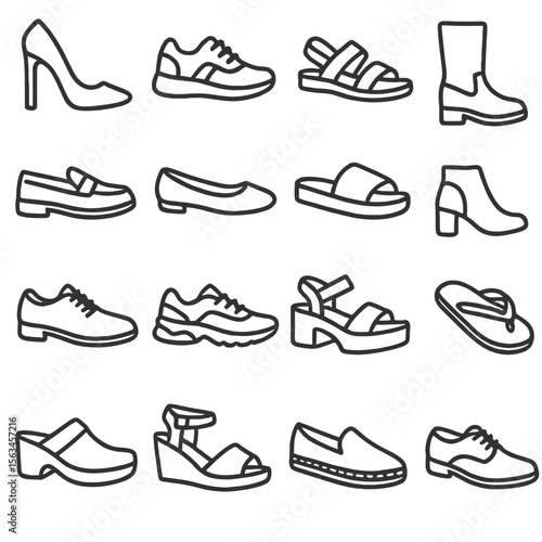 Footwear Line Icons. Line style icons of shoes and footwear: high heels, sneakers, sandals, boots, loafers, flats, slippers, ankle
