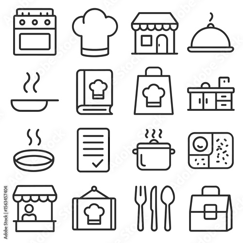 Line Style Kitchen Icons. Line style icons of restaurant and kitchen: kitchen stove, chef hat, restaurant logo, food tray, steam