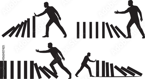 Man Stopping Domino Effect Prevention Silhouette Vector Set vector illustration