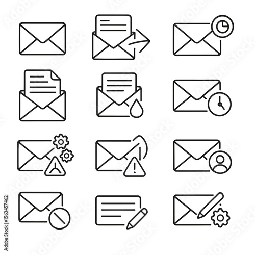 Email Marketing Icons. Line style icons of email marketing: envelope icon, email list, send button, open rate, email preview,
