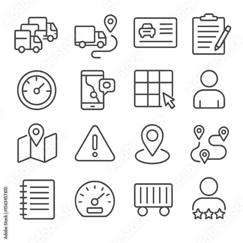 Fleet Management Icons. Line style icons of fleet management: fleet icon, truck route, vehicle ID, driver log, fuel meter, fleet