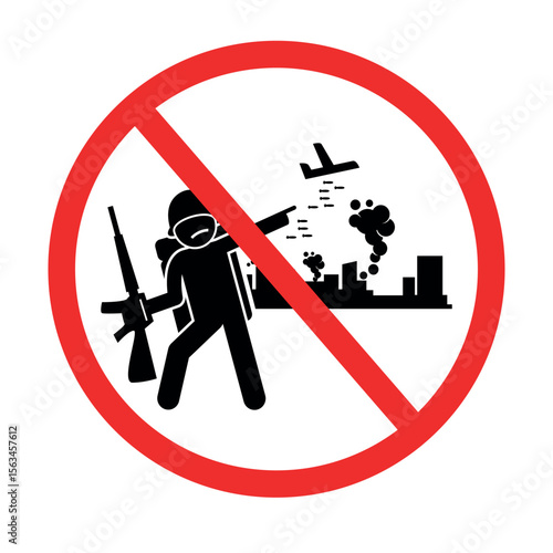 prohibition sign with soldier and war scene, symbolizing no conflict or military action, ideal for peace or restricted zone signage