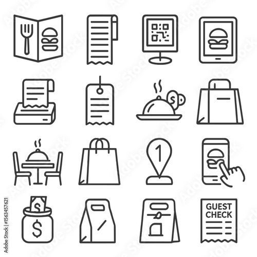 Food Ordering Icons. Line style icons of food ordering process: menu selection, order pad, table QR code, ordering tablet, receipt