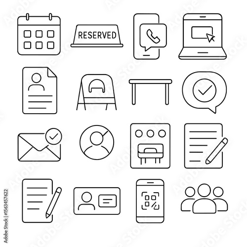 Reservation Icons Collection. Line style icons of reservation and booking: calendar icon, reserved sign, phone reservation, online
