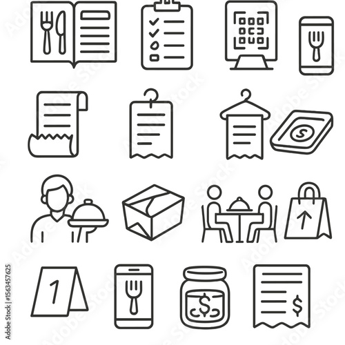 Food Ordering Icons. Line style icons of food ordering process: menu selection, order pad, table QR code, ordering tablet, receipt