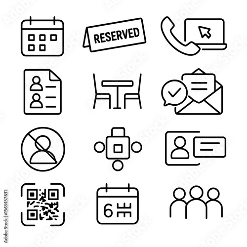 Reservation Icons Collection. Line style icons of reservation and booking: calendar icon, reserved sign, phone reservation, online