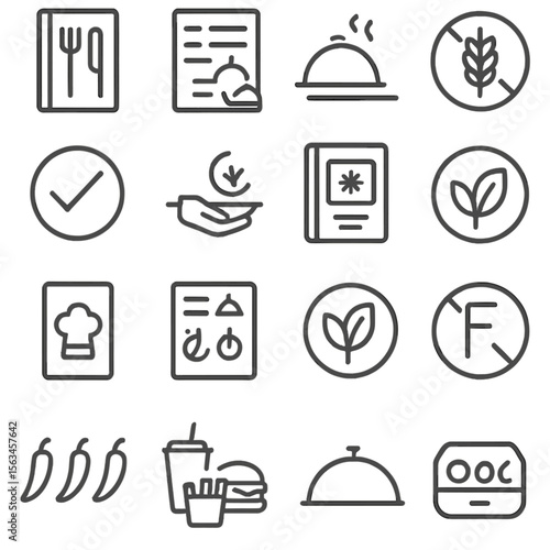 Restaurant Menu Icons. Line style icons of restaurant menu design: food category, price list, meal description, allergen icon,