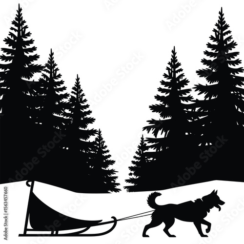 Black and white silhouette of husky pulling sled on plain background, no trees