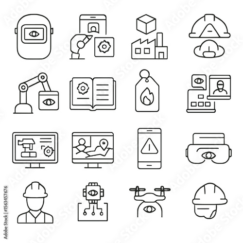 Industrial AR_VR Icons. Line style icons of industrial AR/VR use: AR welding mask, assembly guide, digital twin, safety overlay,
