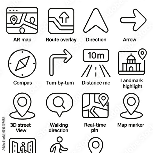 AR Navigation Icons. Line style icons of AR navigation: AR map, route overlay, direction icon, destination arrow, compass icon,
