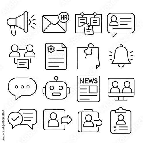 HR Communication Icons. Line style icons of HR communication: announcement icon, HR email, bulletin board, internal message, team